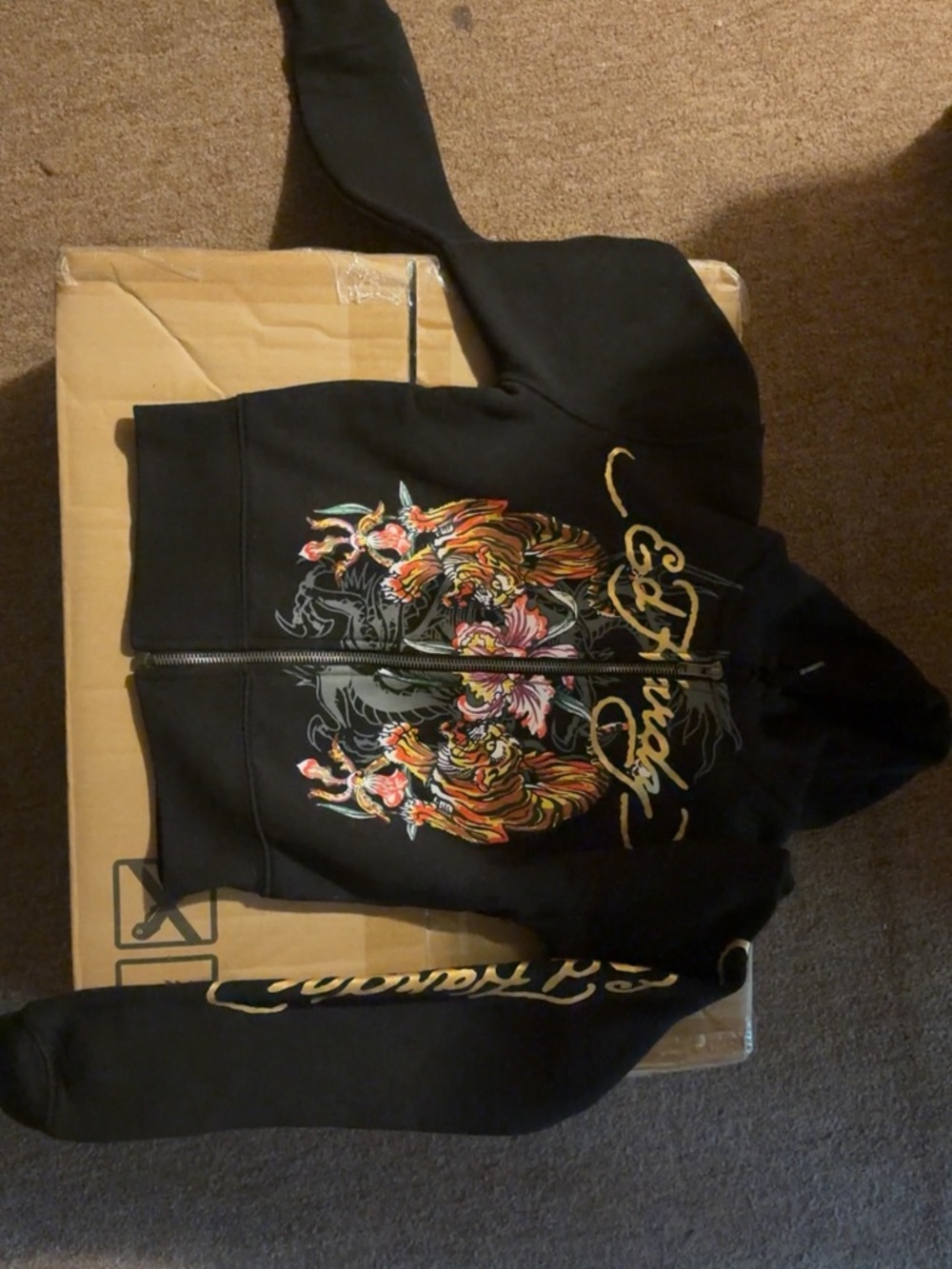 Ed Hardy Black Zip-Up Hoodie with Colorful Tiger Embroidery